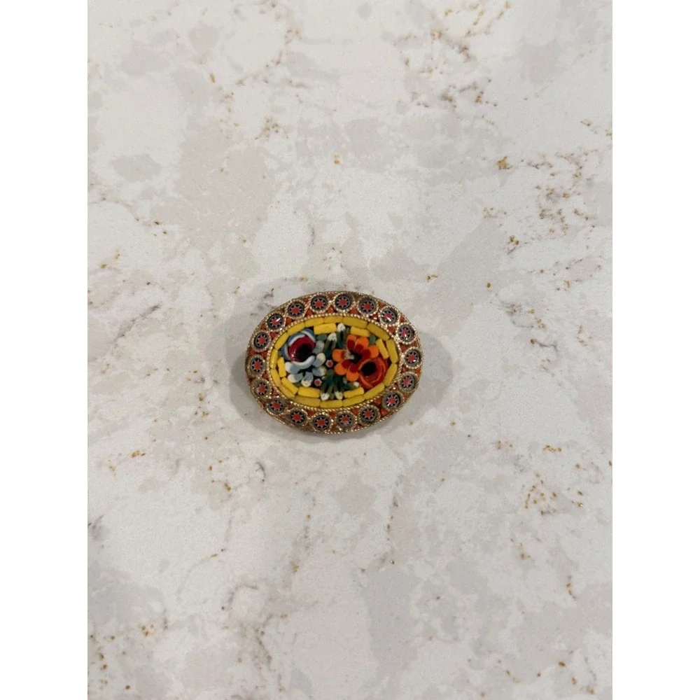 Vintage Italian Micro Mosaic Floral Brooch Pin Set 3pc Millefiori Gold Tone Oval